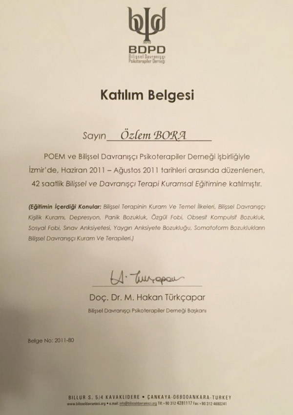 'Bilişsel ve Davranışcı Terapi Kurumsal Eğitimi' katılım belgesi