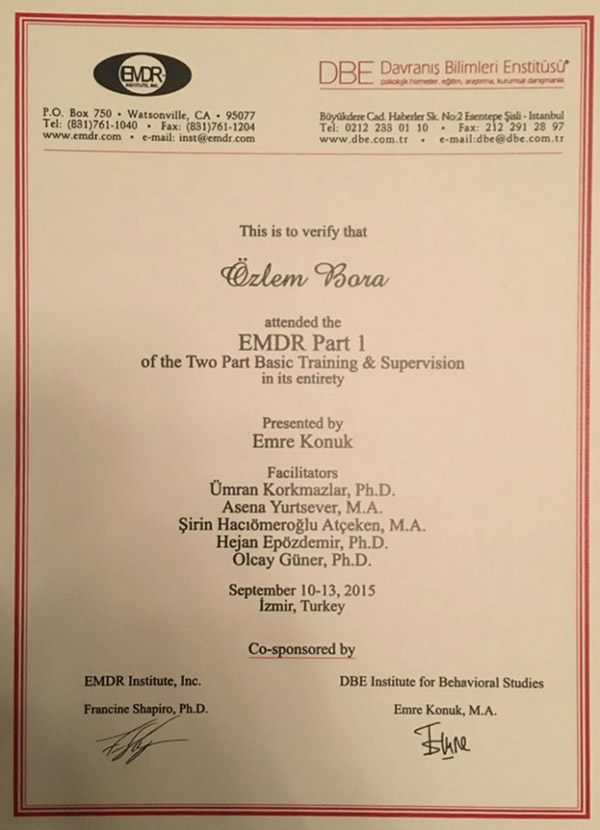 EMDR (Göz Hareketleriyle Duyarsızlaştırma ve Yeniden İşleme) Part 1 sertifikası