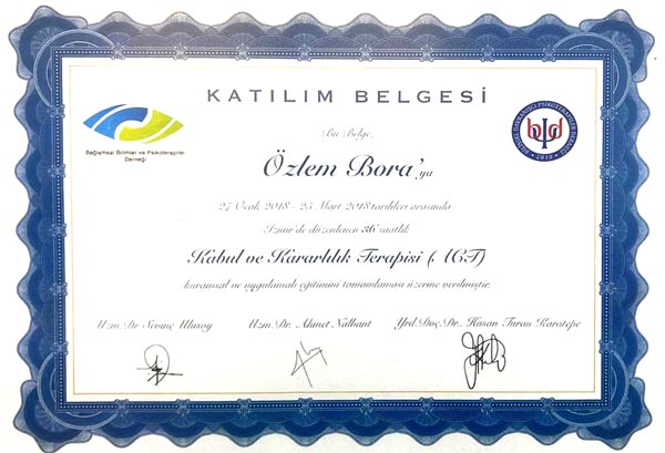 'Kabul ve Kararlilik Terapisi ACT' katılım belgesi