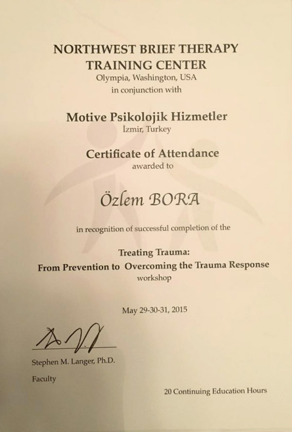 'Travma tepkisi, önleme ve üstünden gelme' atölyesi katılım belgesi