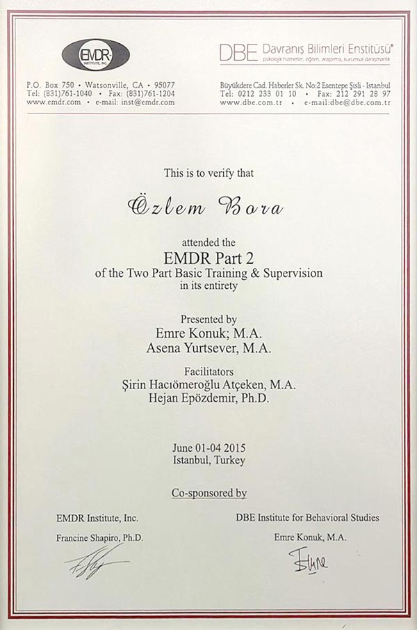 EMDR (Göz Hareketleriyle Duyarsızlaştırma ve Yeniden İşleme) Part 2 sertifikası